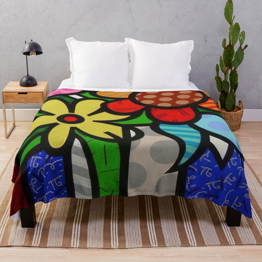 Romero Britto inspired plush blanket with vibrant colors and bold patterns