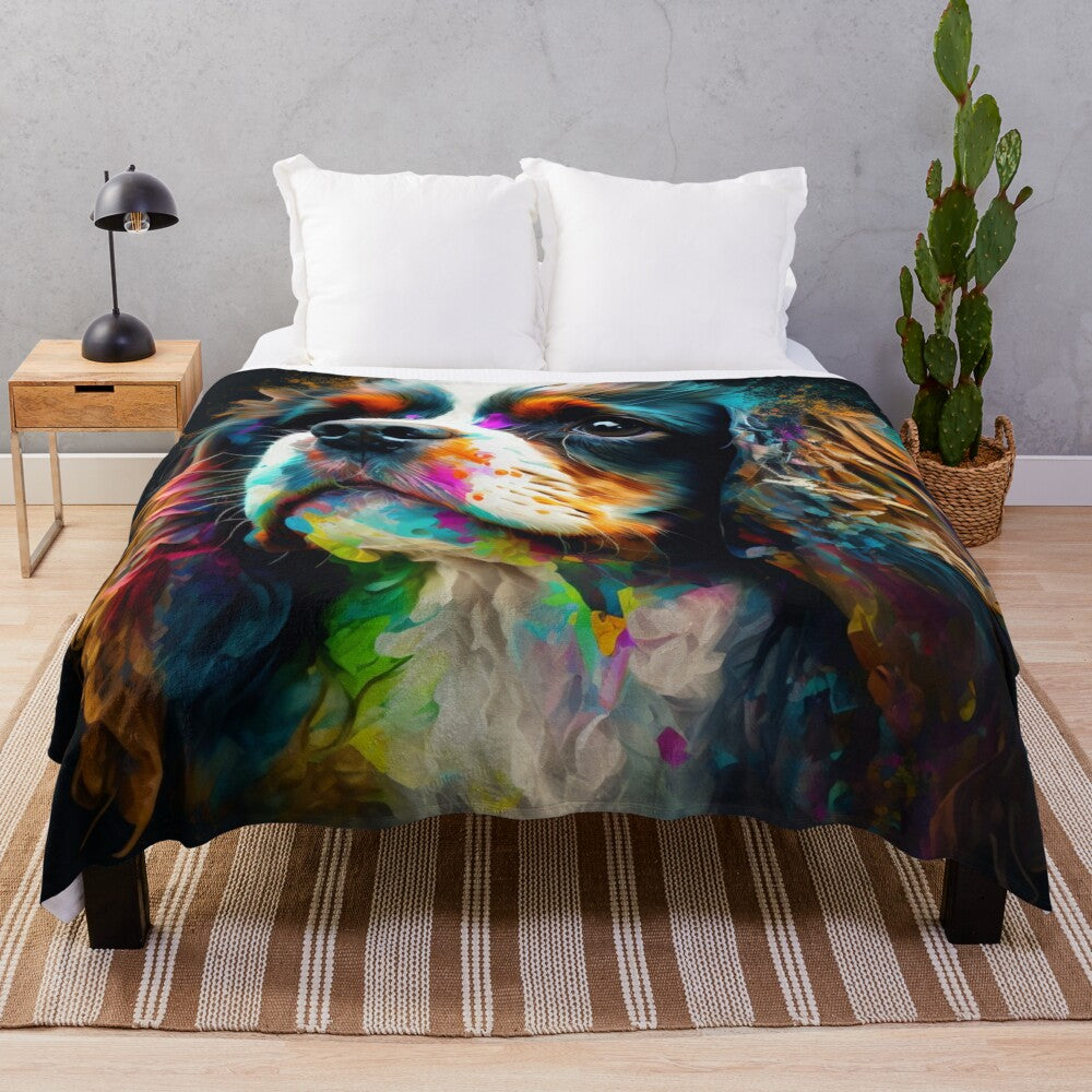 Cavalier King Charles Spaniel dog on a colorful synesthetic splash art plush blanket