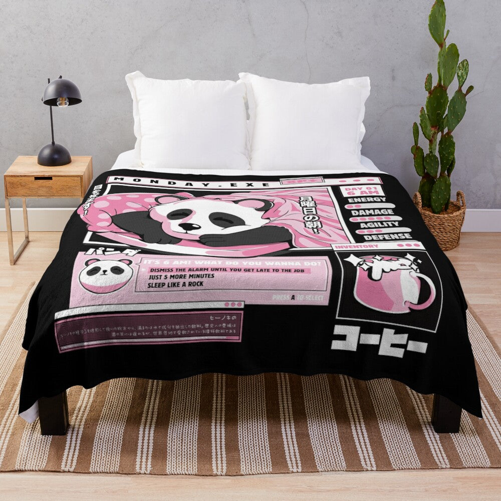 Panda plush blanket with a retro gaming and internet culture design