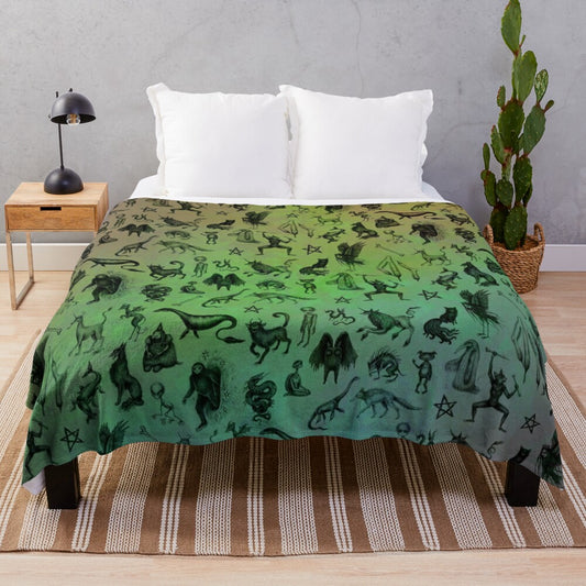 Colorful plush blanket featuring a variety of mythical cryptids and creatures