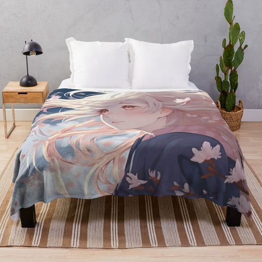 Cherry blossom inspired plush blanket with a floral and kawaii design