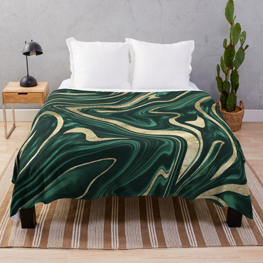 Emerald green and gold marble pattern plush blanket