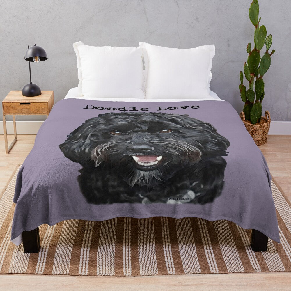 Black doodle dog plush blanket with various poodle mix breed designs