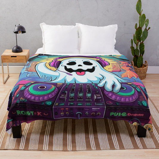 Cosmic DJ Ghost Party Plush Blanket with starry night and neon ghost design