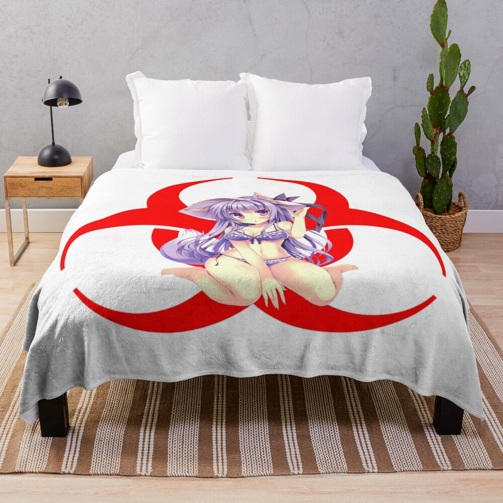 Anime girl plush blanket with biohazard-inspired design