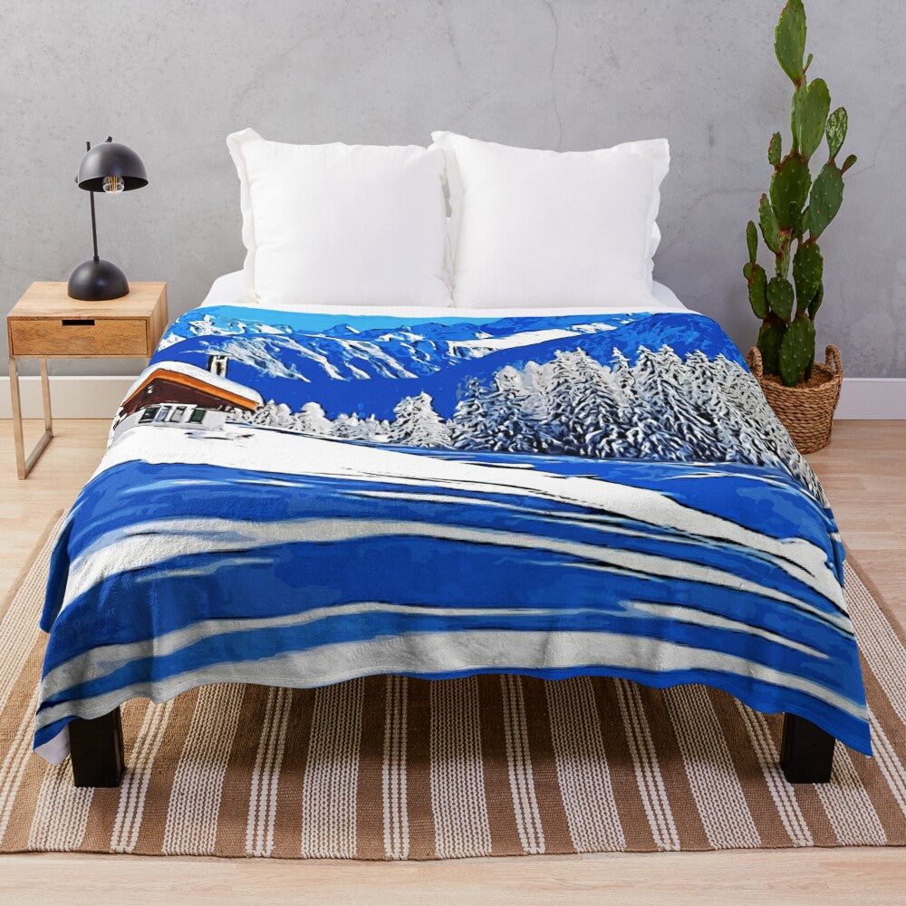 Plush blanket featuring a winter landscape artwork design