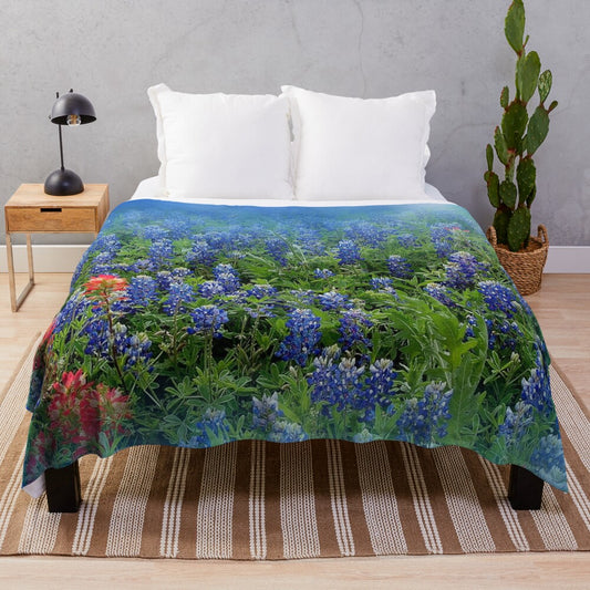 Plush blanket featuring beautiful blue and red bluebonnets, the state flower of Texas