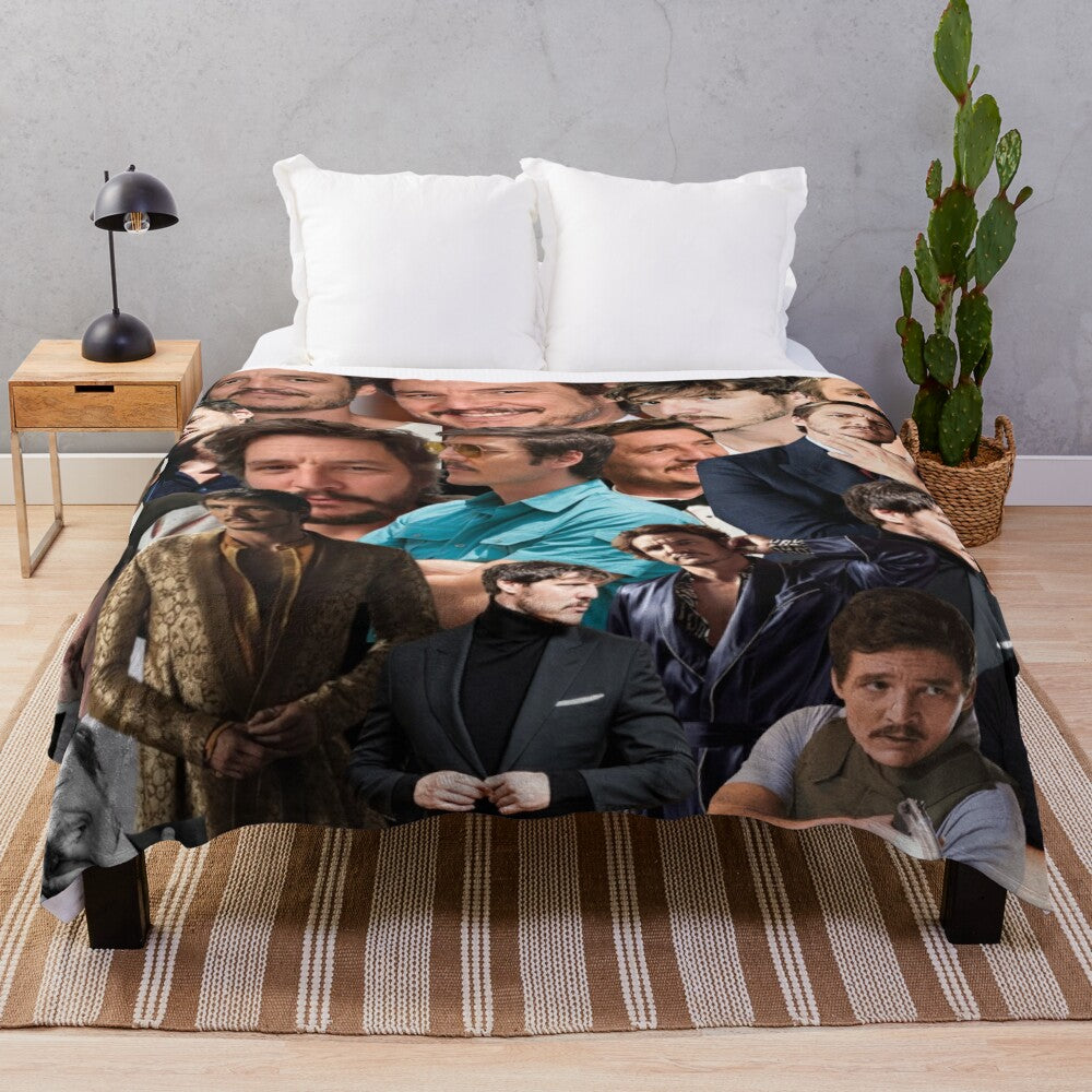 Soft and cozy plush blanket featuring a collage of photos of Pedro Pascal