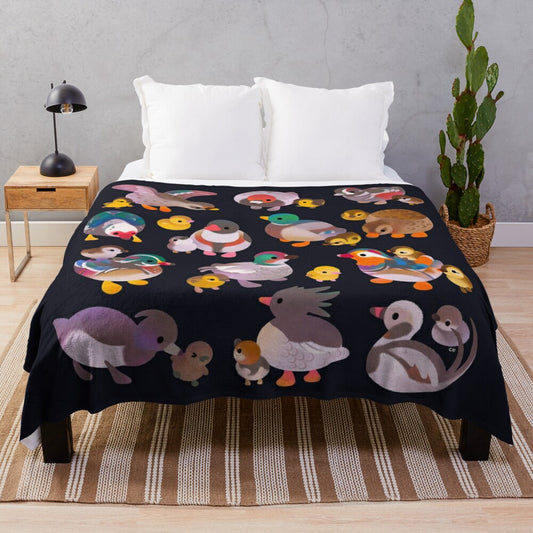 A plush blanket featuring a duck and duckling design, perfect for cozy, rustic home decor.