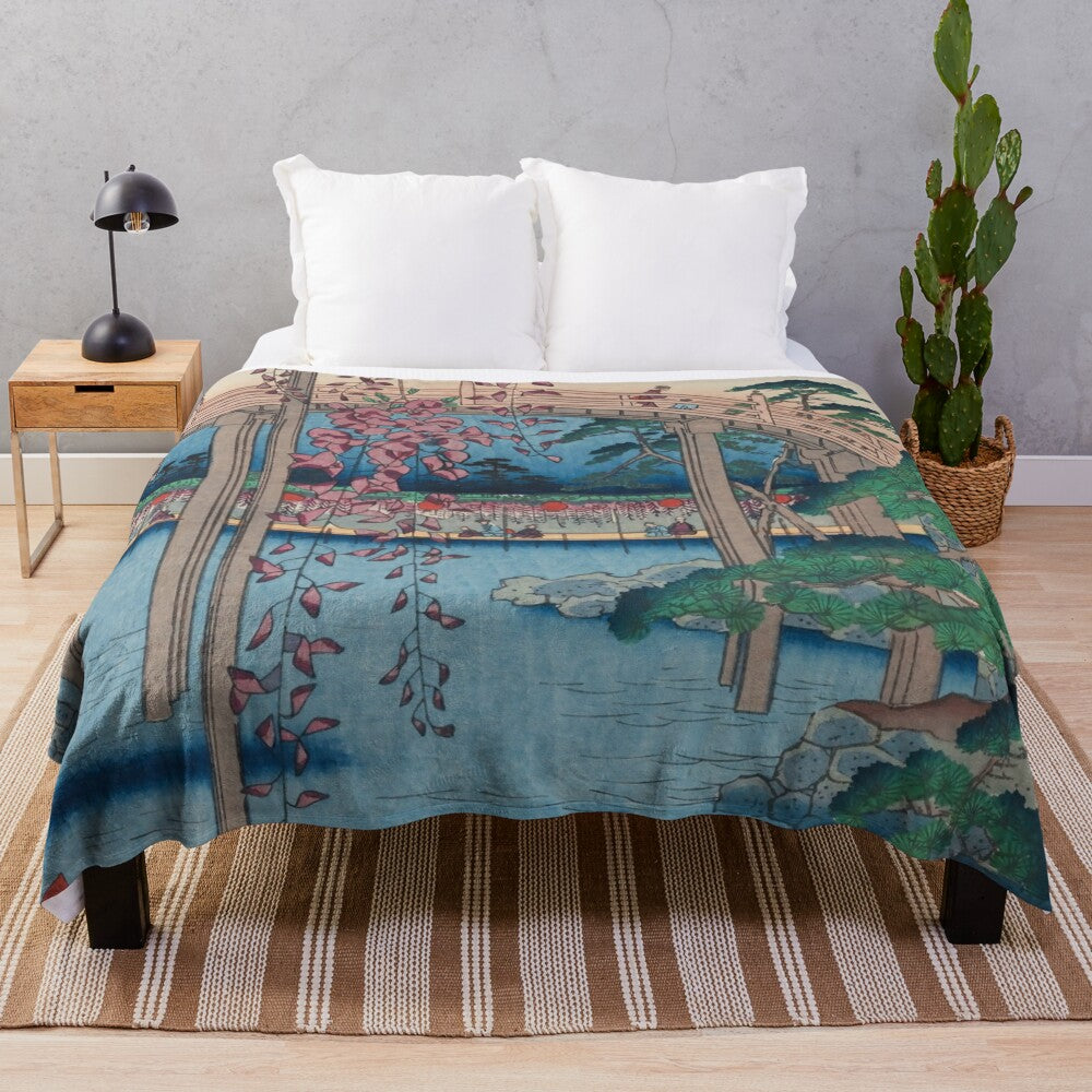 Vintage-inspired plush blanket featuring a Japanese woodblock print design of a summer shrine