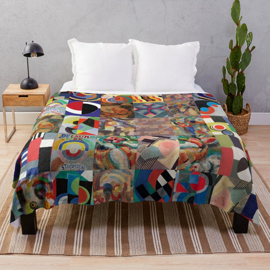 Colorful abstract plush blanket featuring the artistic designs of Ukrainian artist Sonia Delaunay