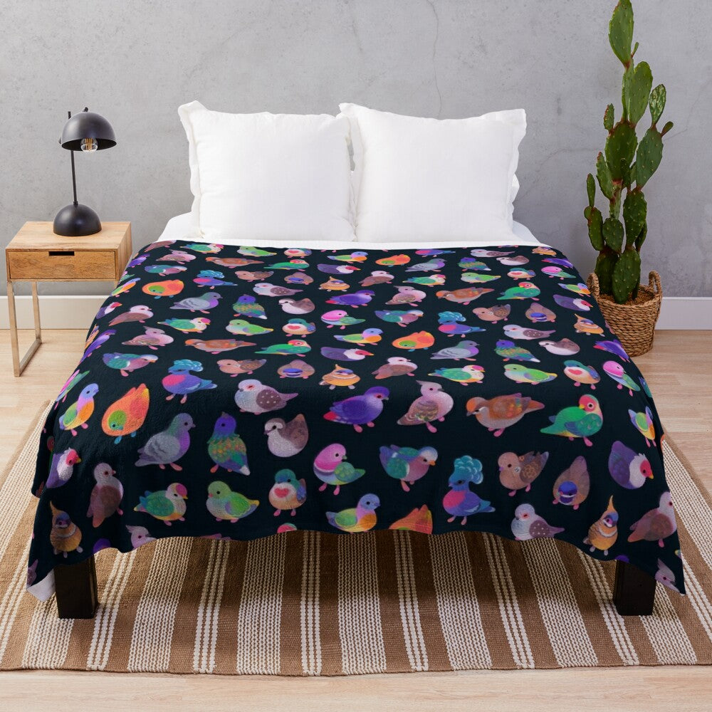 Soft and cuddly plush blanket featuring a wild pigeon design