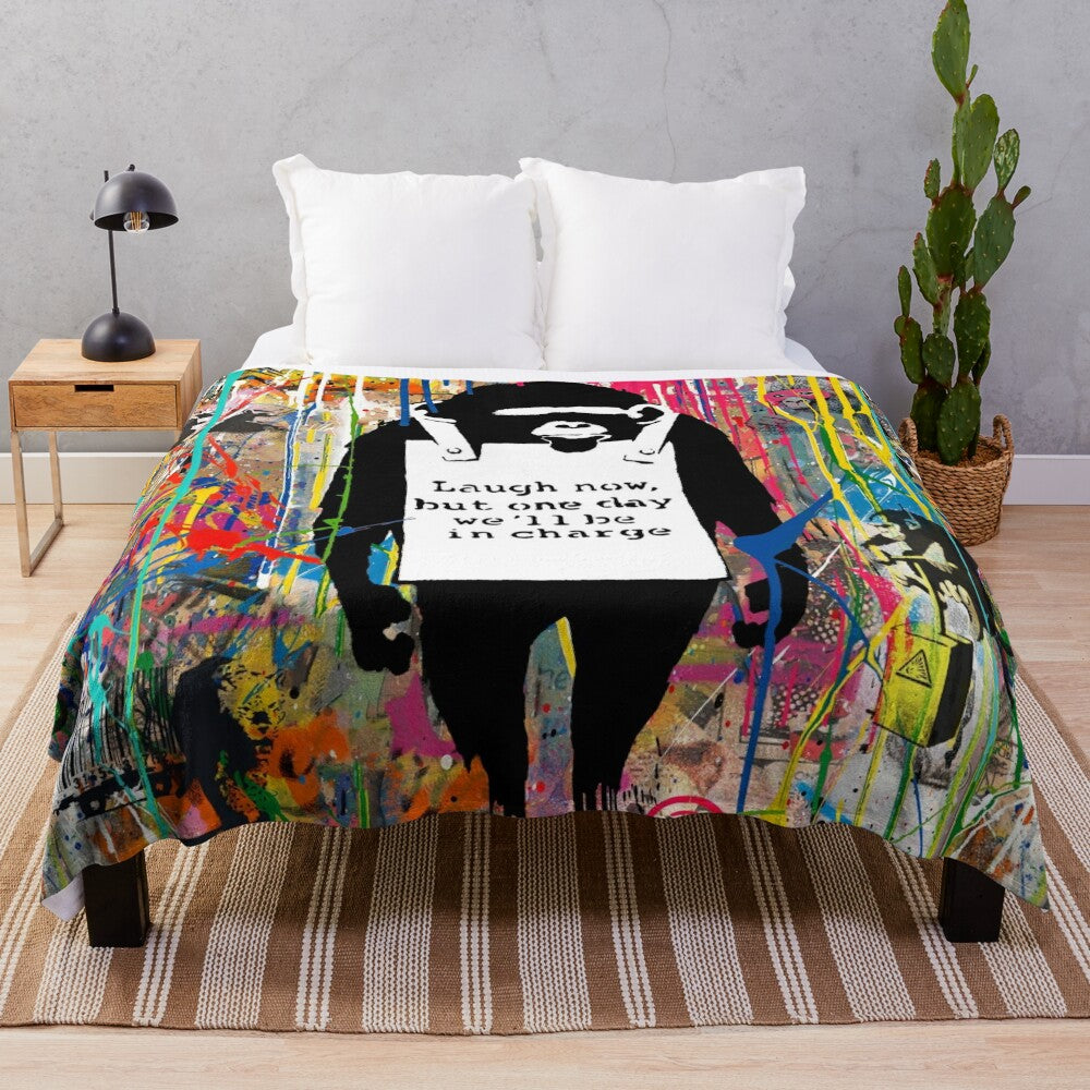 Banksy-inspired graffiti art plush blanket featuring a colorful collage of animals and urban art elements