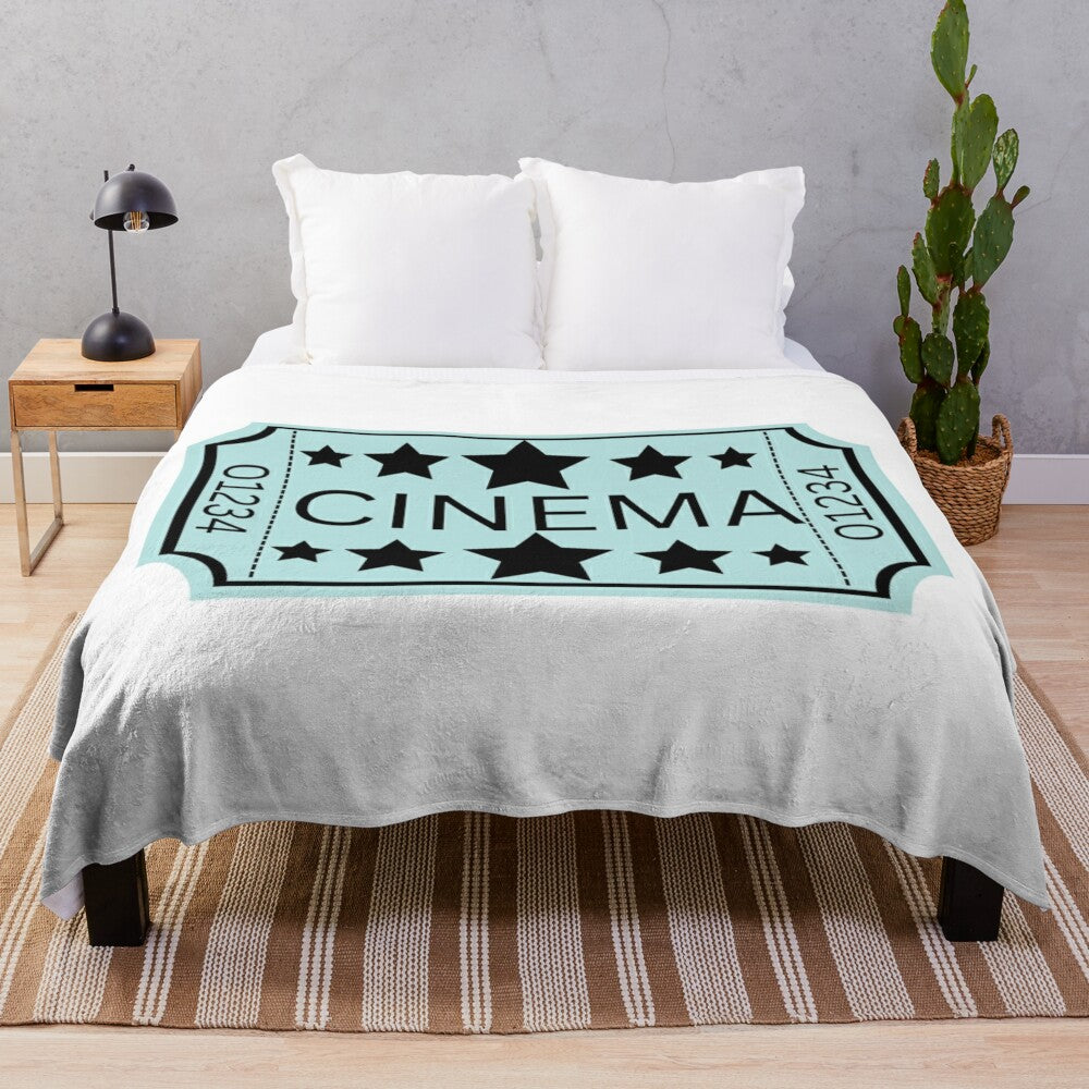 Vintage movie ticket-themed plush blanket