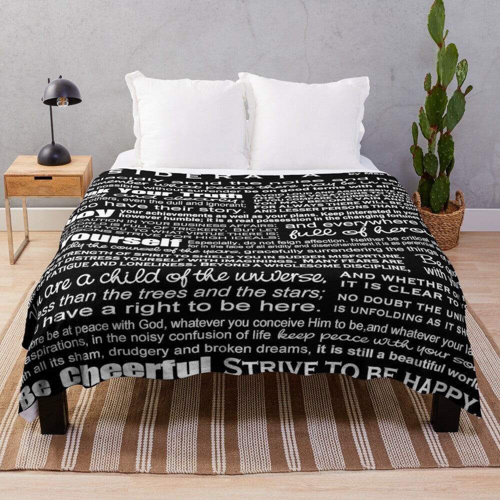 Desiderata inspired black plush blanket featuring the inspirational poem by Max Ehrmann