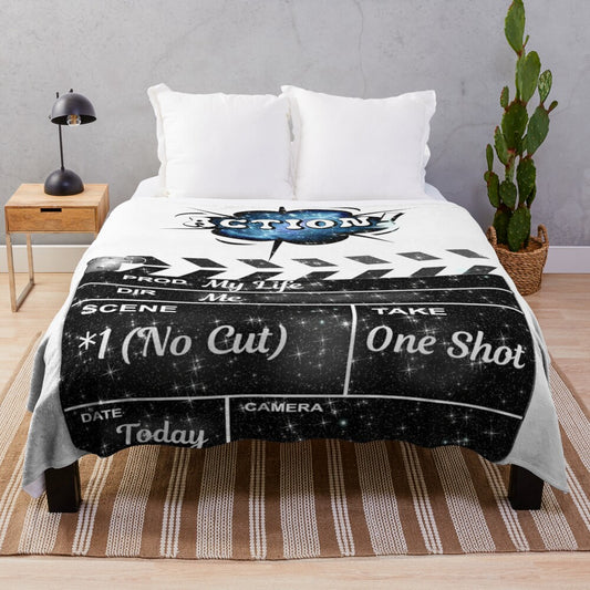 Action movie inspired plush blanket with comic speech bubble design