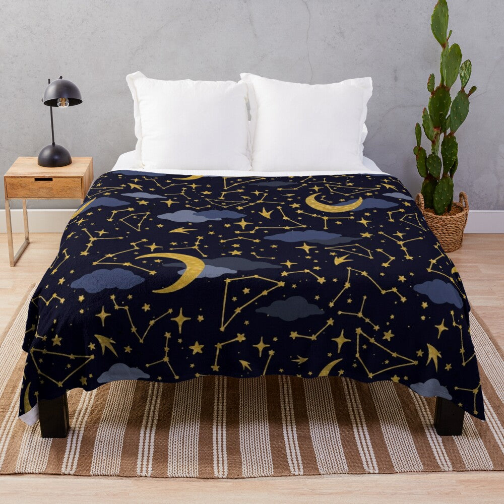 Celestial stars and moons plush blanket in dark blue and gold