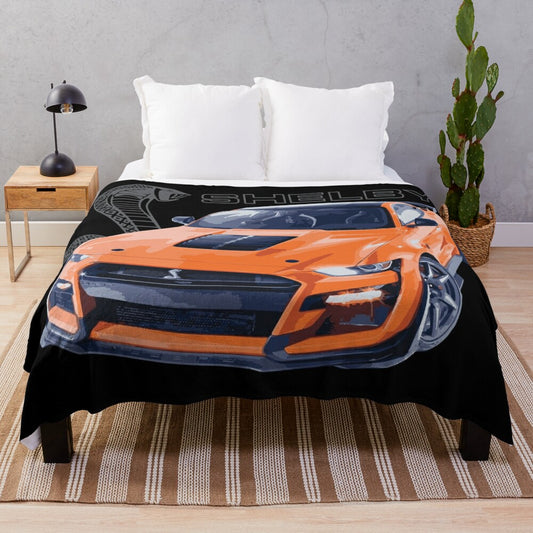 Plush orange blanket featuring the iconic Ford Mustang GT500 Shelby Cobra design