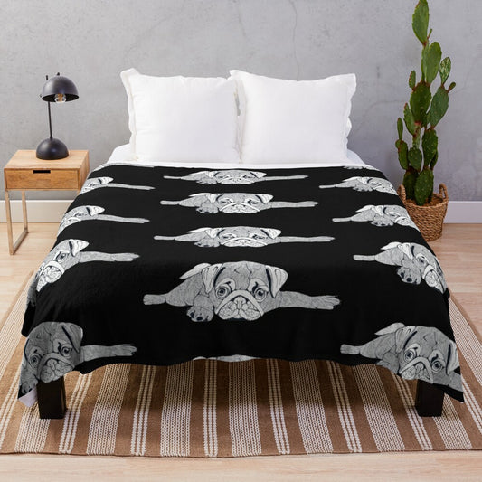 Soft, plush blanket featuring a cute, sleeping pug design