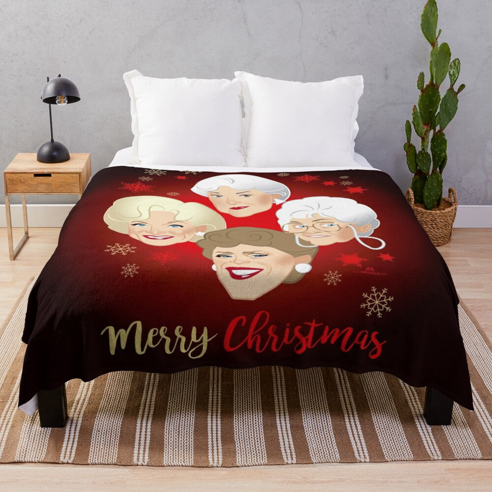 Golden Christmas plush blanket featuring classic TV comedy characters