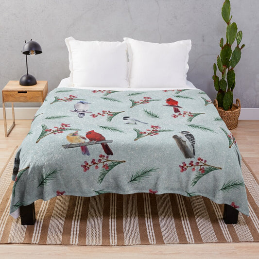 Plush blanket with a pattern of birds and nature