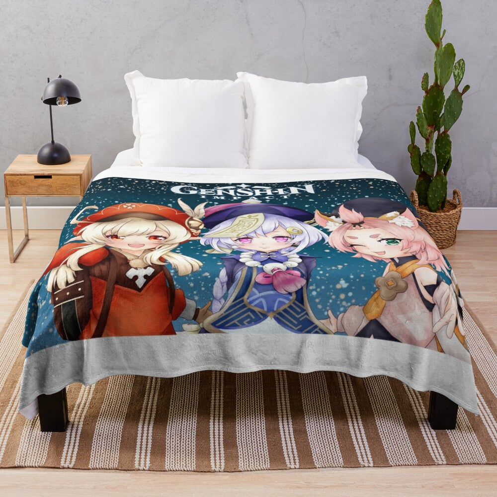 Genshin Impact-inspired plush blanket featuring Diona, Qiqi, and Klee