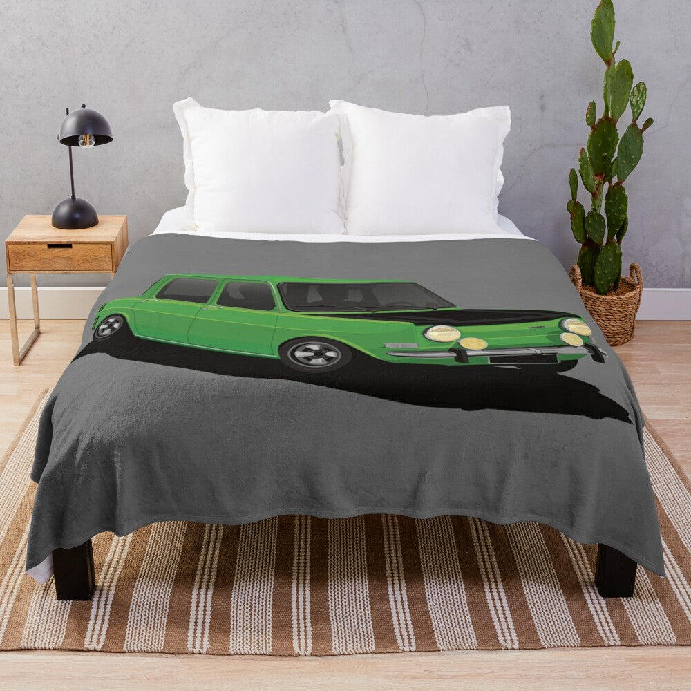 Soft and cozy plush blanket inspired by the classic Simca 1000 Rallye green sports car