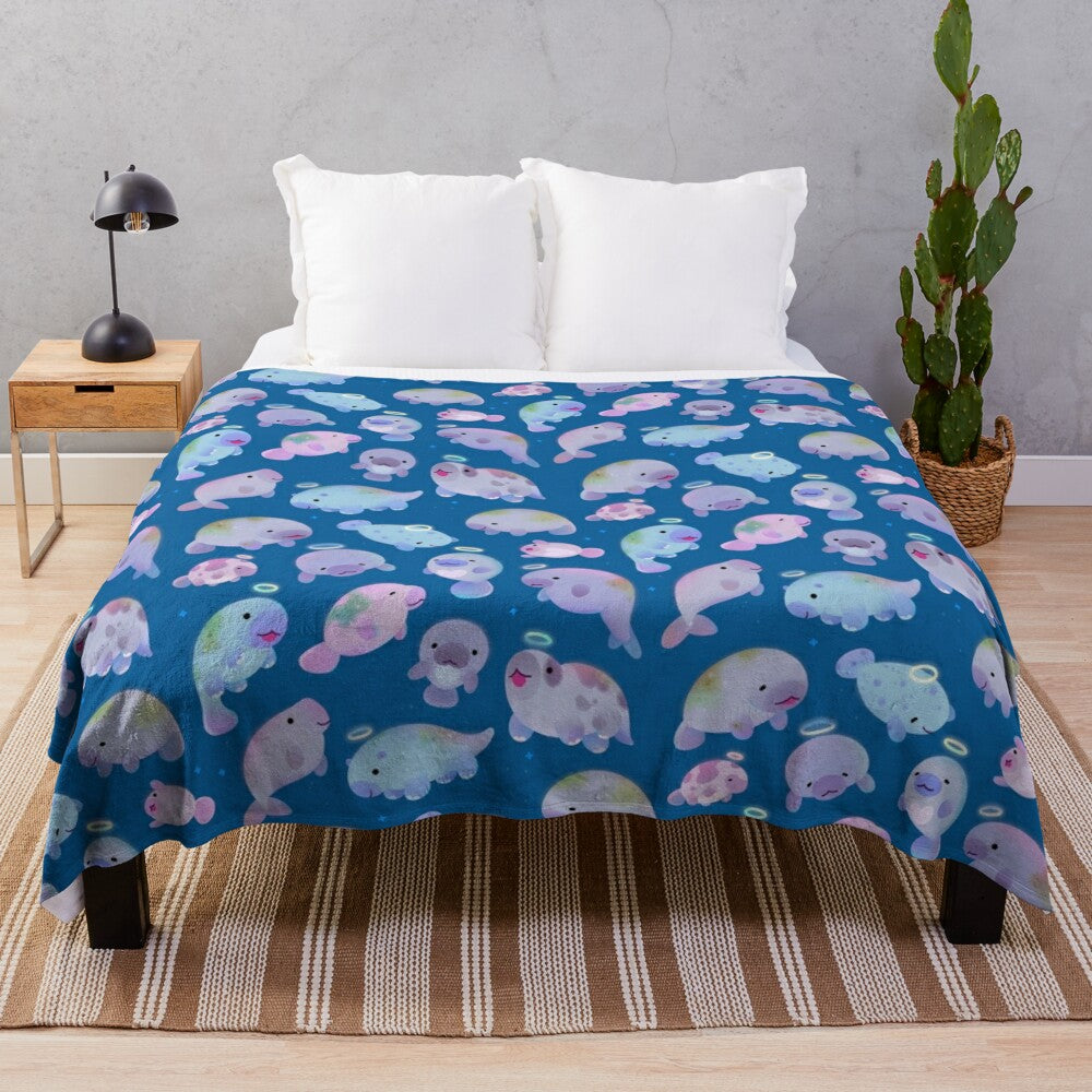 Soft, cuddly plush blanket featuring a sea cow (sirenians) design