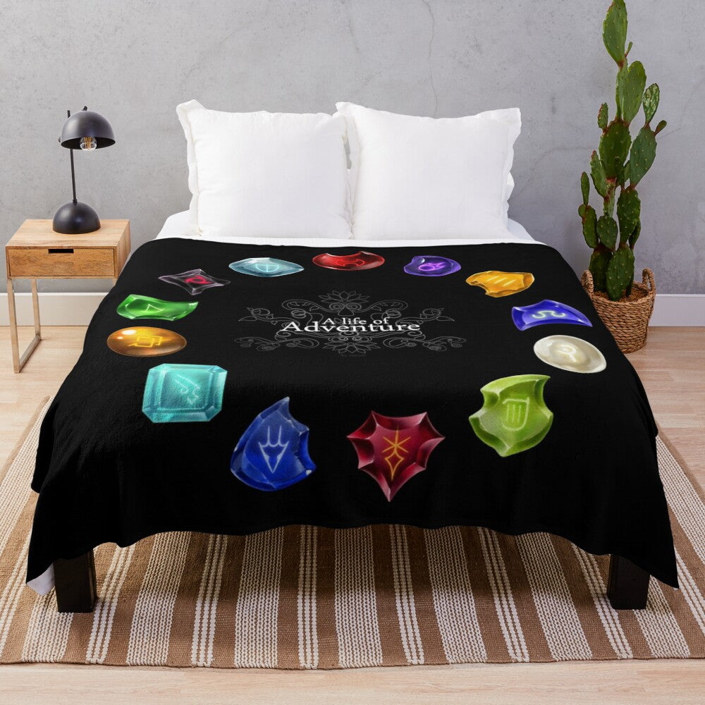 A cozy plush blanket featuring a final fantasy-inspired adventure theme with crystals and gems