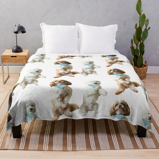 Soft, plush blanket featuring two cute shih tzu puppies snuggling together