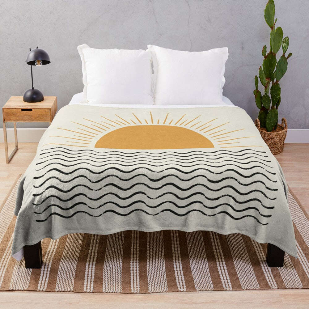 Mid century modern plush blanket featuring an abstract ocean wave design