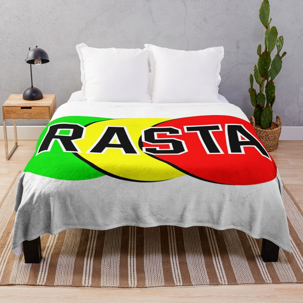 Rasta emblem in green, yellow, and red colors on a soft, plush blanket