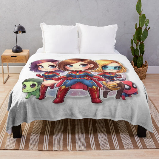 Chibi superhero plush blanket featuring a group of empowered female characters