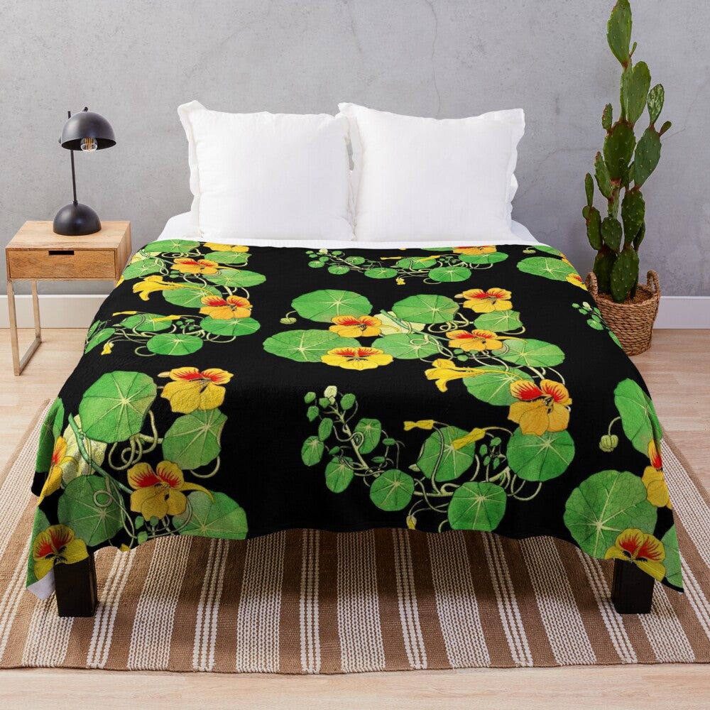 Vintage botanical illustration of a yellow nasturtium flower printed on a soft plush blanket