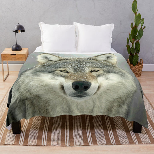 Grey wolf plush blanket with nature-inspired design