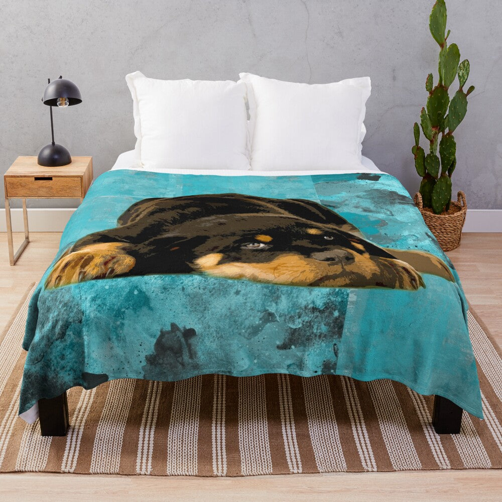 Rottweiler plush blanket with cute metzgerhund puppy design