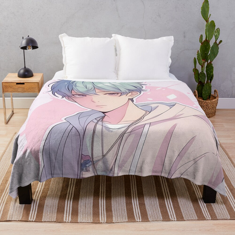 Pastel anime-inspired plush blanket with cute cartoon character design