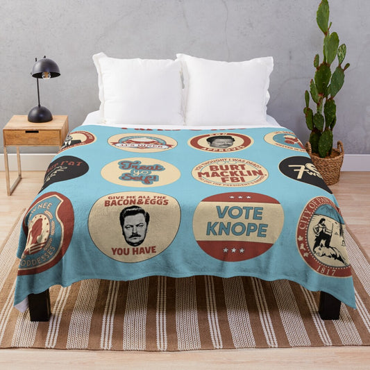 Parks and Recreation-themed plush blanket featuring Ron Swanson and Pawnee iconography