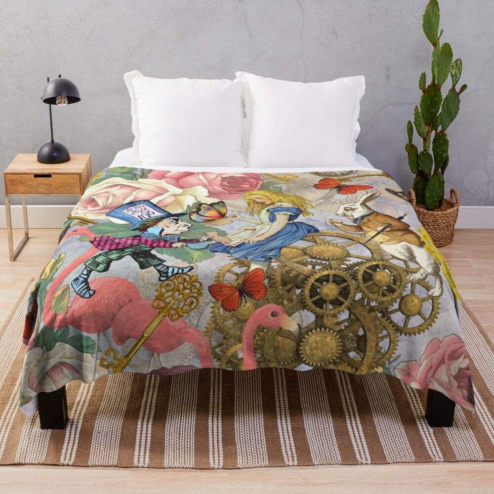 Colorful plush blanket featuring an Alice in Wonderland inspired collage design