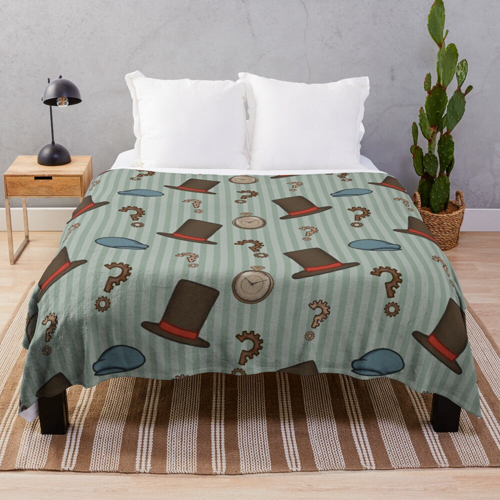 Cozy plush blanket featuring a repeated pattern inspired by the Professor Layton video game series