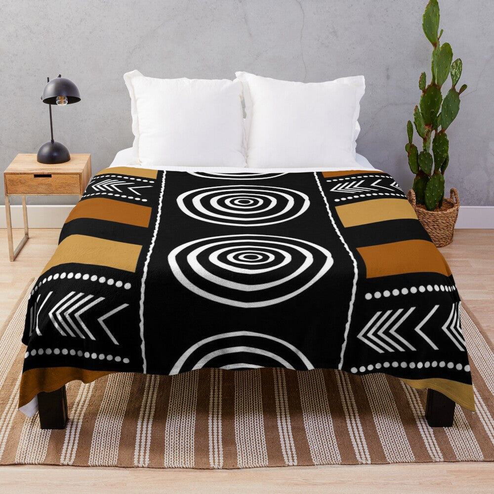 African mud cloth inspired plush blanket with abstract tribal patterns