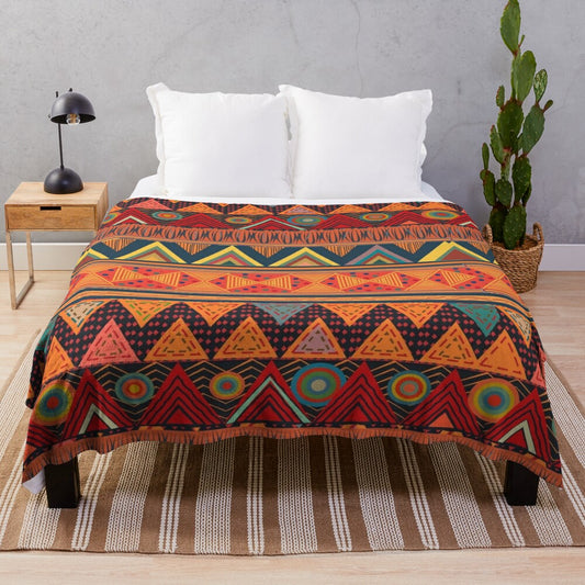 Tribal Ethnic Plush Blanket with Geometric and Abstract Patterns