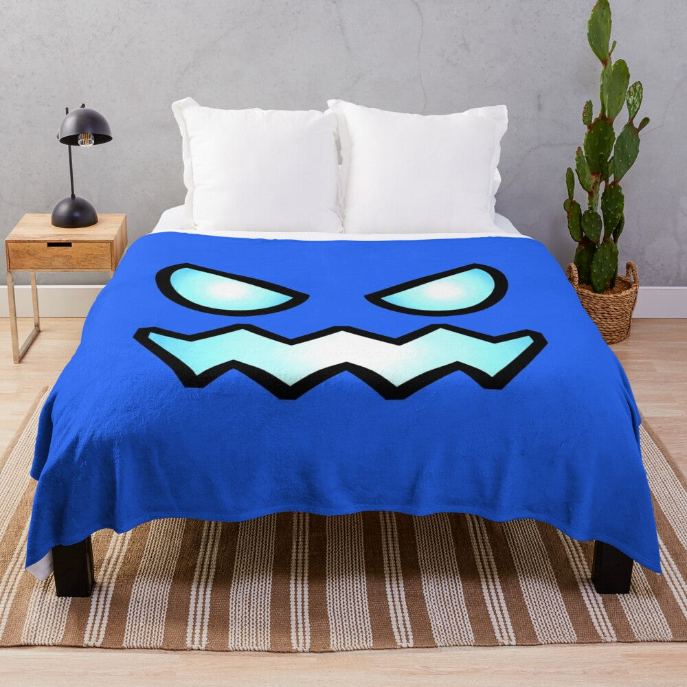 Geometry Dash Inspired Plush Blanket with Geometric Patterns and Angry Face Design