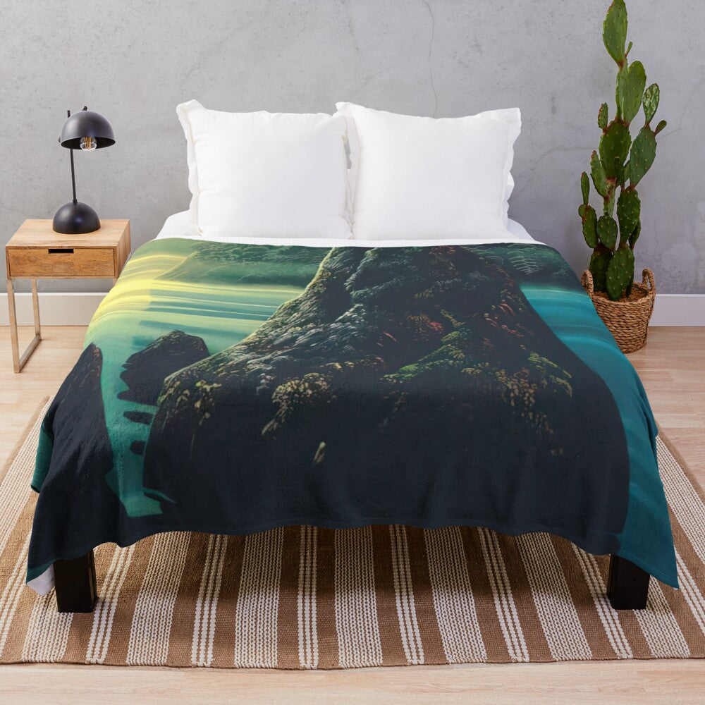 Eyvind Earle inspired plush blanket with nature-themed artwork