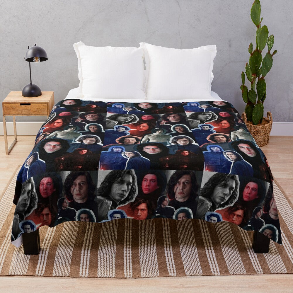 Plush blanket with collage edit of Adam Driver as Ben Solo and Kylo Ren from Star Wars