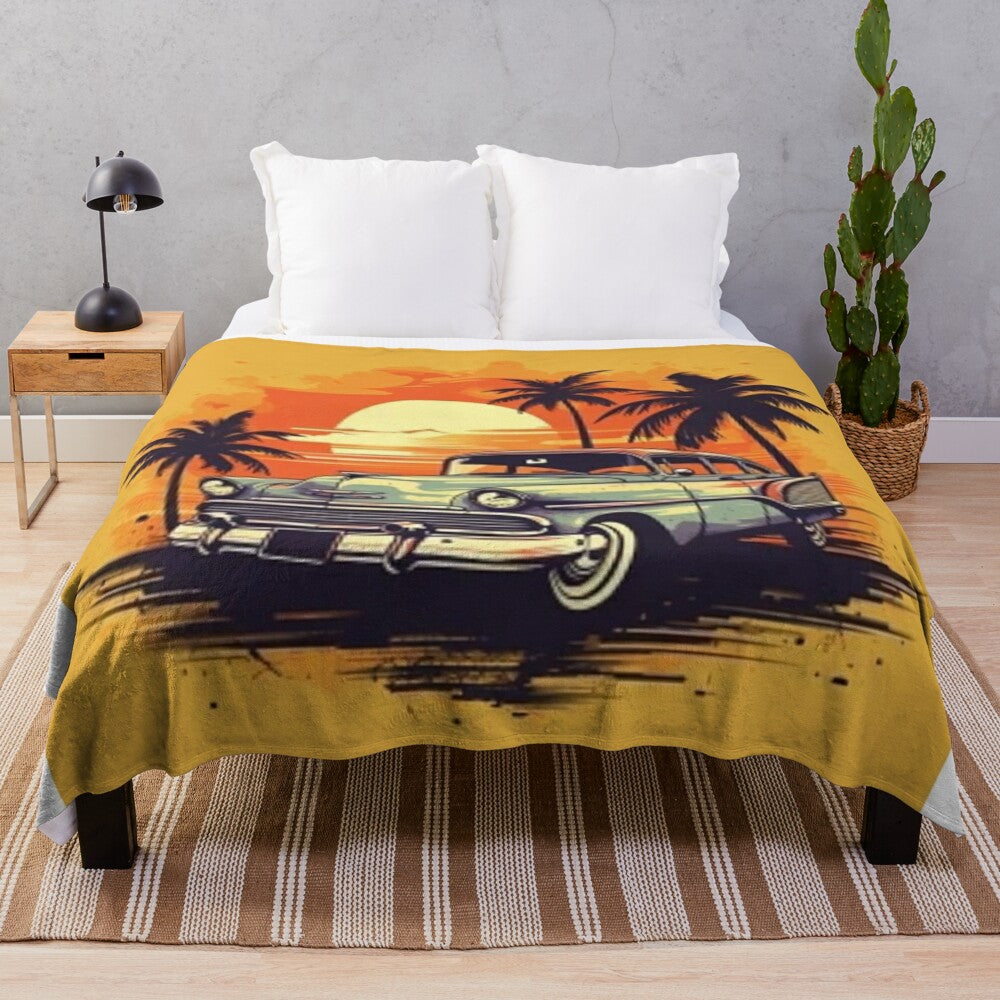 Classic car plush blanket with palm trees and sun