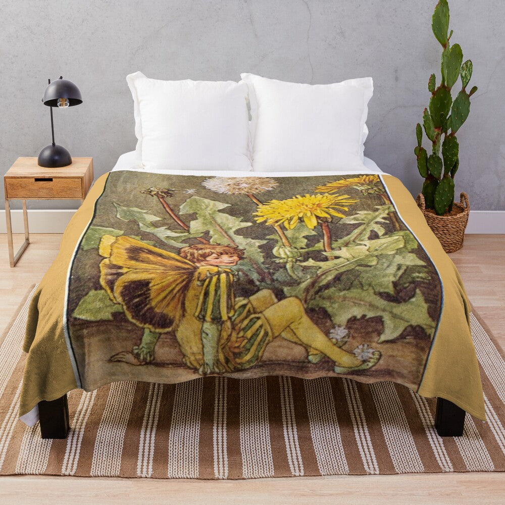 Cicely Mary Barker Dandelion Fairy illustration on a soft plush blanket