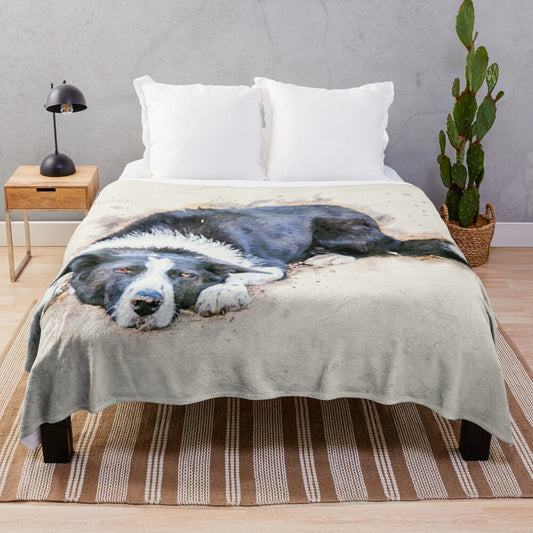 Watercolor portrait of a cute border collie dog on a plush blanket