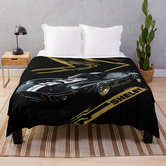 Vintage Ford GT40 1969 inspired plush blanket with Shelby design