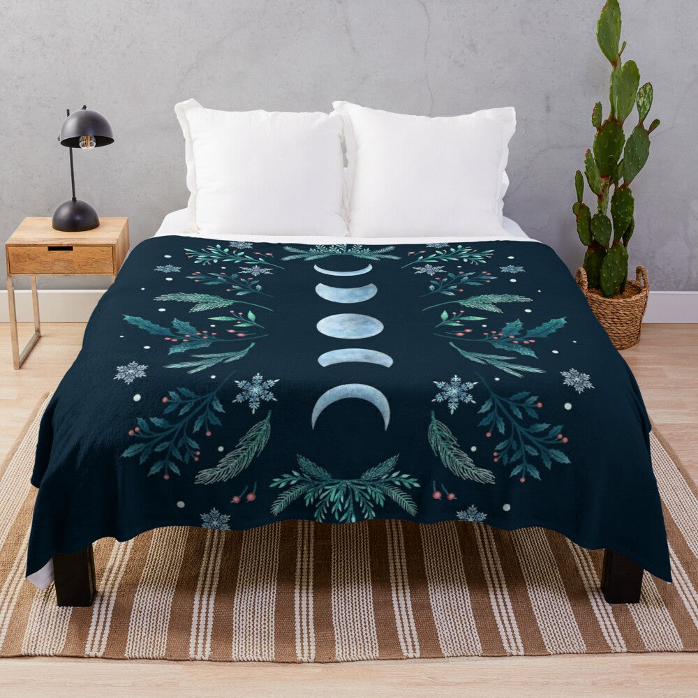 Teal and Mint Floral Plush Blanket with Moonlight Accents